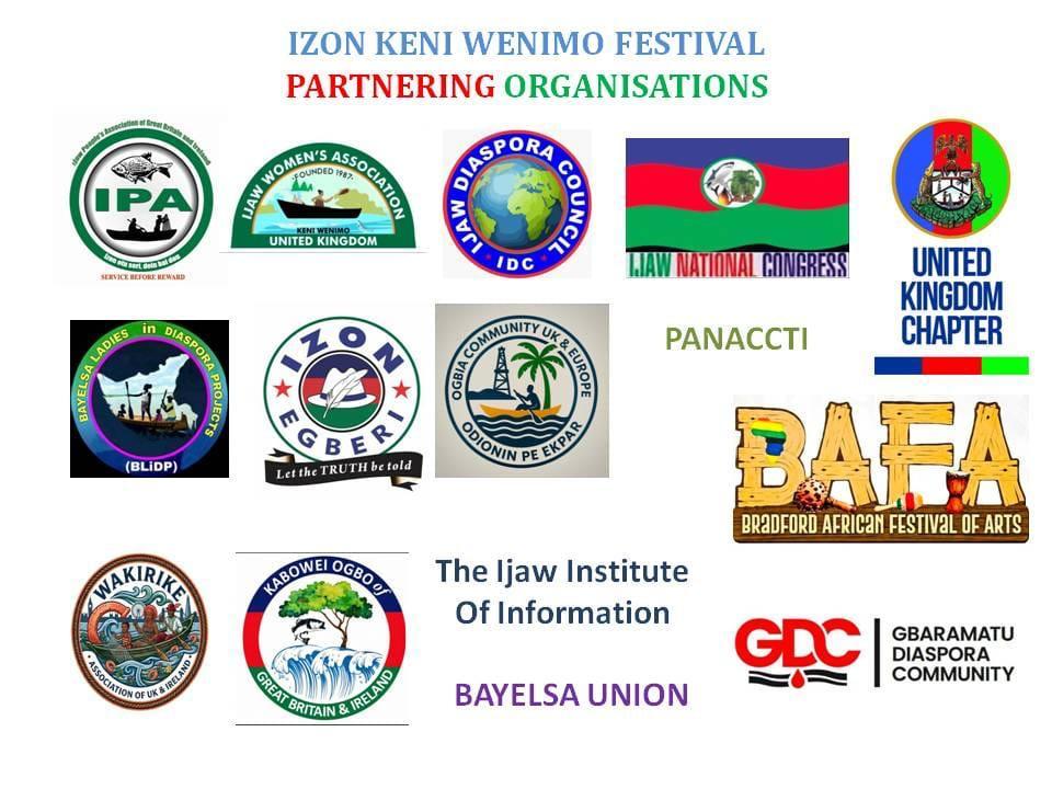 Izon Keni Wenimo Festival partnering organisations, including the Ogbia Community UK & Europe crest