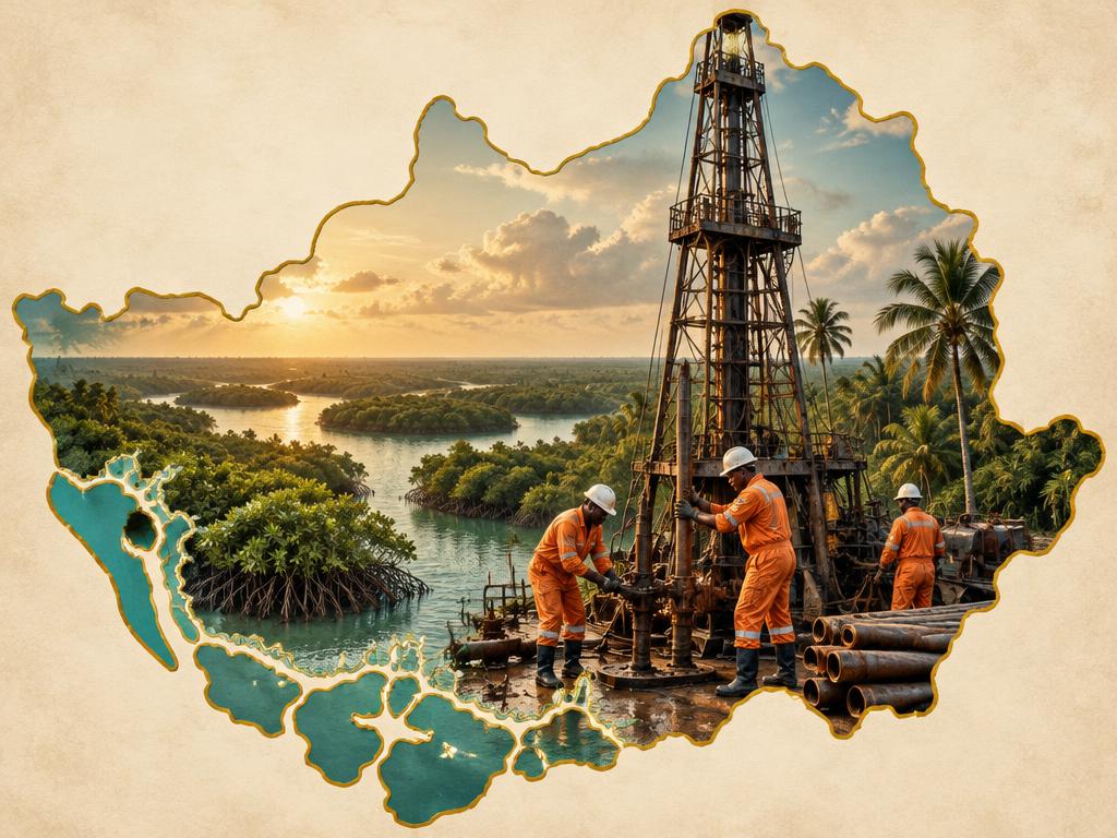 Illustrated map of Ogbia with an early oil derrick and Nigerian oil workers in hi-vis and helmets, marking Nigeria's first commercial oil discovery at Oloibiri