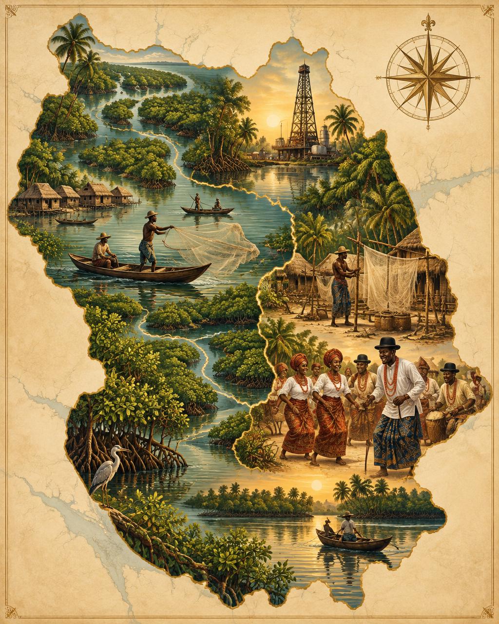 Illustrated map of Ogbia Local Government Area showing mangroves, palm trees, fishing canoes and nets, an oil derrick and people in traditional dress dancing